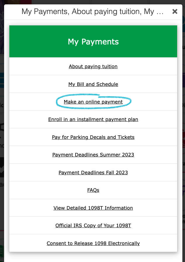 window showing the My Payments Tile on MyTCTC. Make an Online payment link is circle to show where it is located.