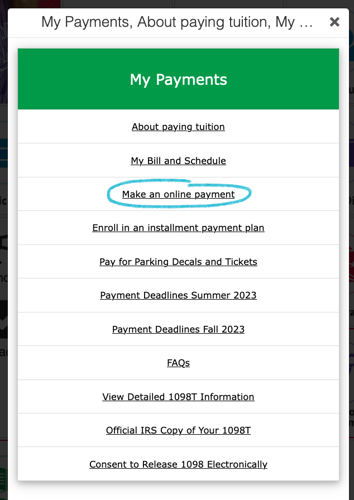 window showing the My Payments Tile on MyTCTC. Make an Online payment link is circle to show where it is located.