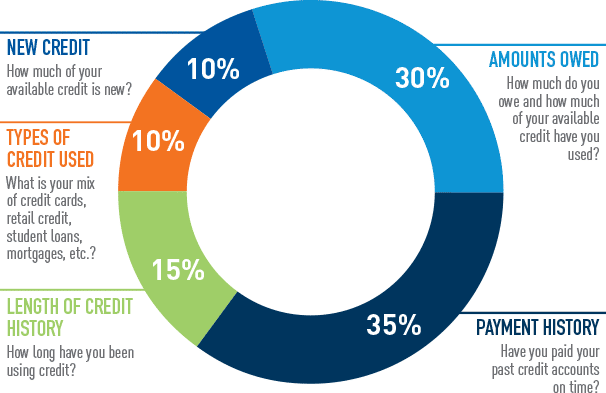 New credit - how much of your available credit is new? 10%, Types of credit used - what is your mix of credit cards, retail credit, student loans, mortgages, etc.? 10%, Length of credit history - How long have you been using credit 15%, Payment history - have you paid your past credit accounts on time? 35%, Amonts owed - how much do you owe and how much of your available credit have you used? 30%