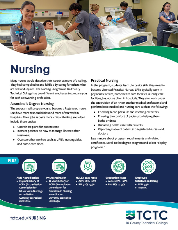 Nursing information flyer with student nurses working on simulators